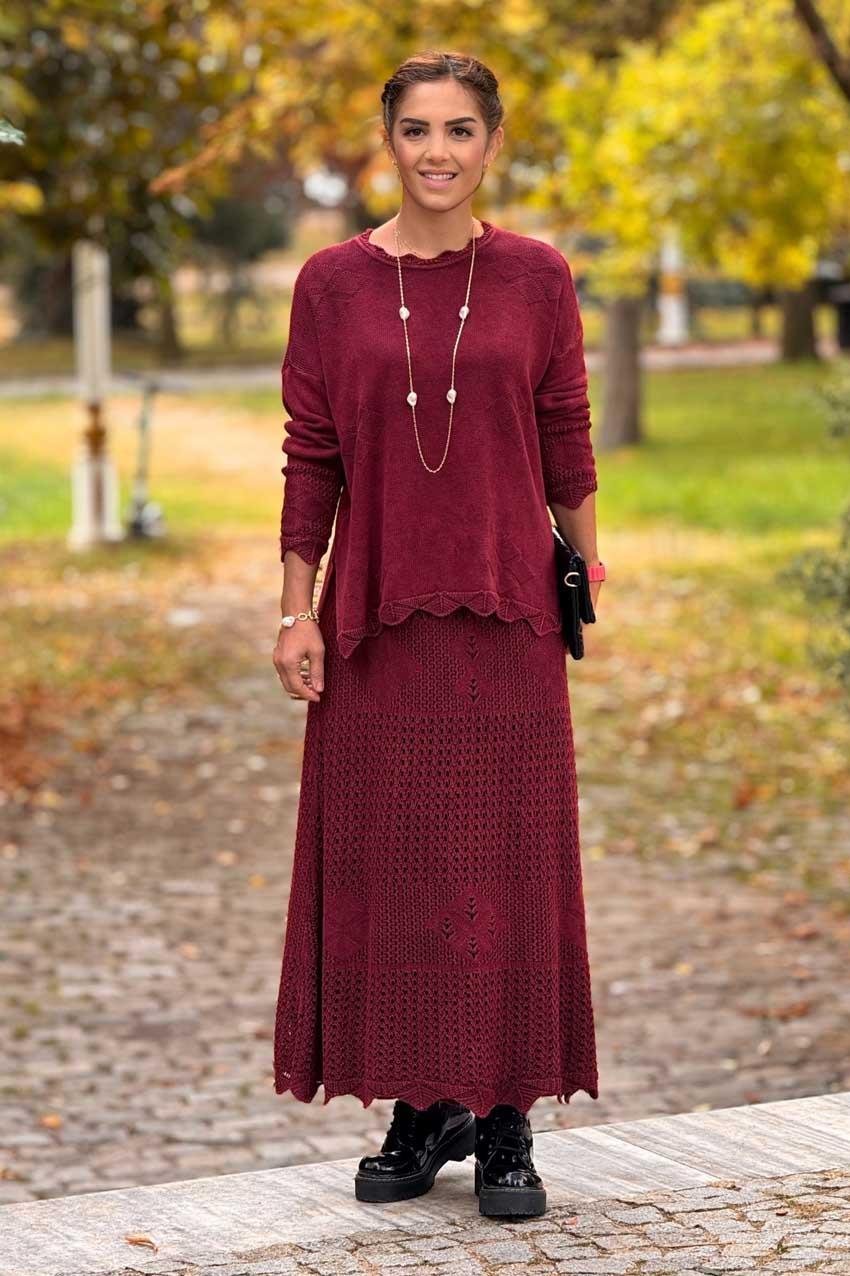 Bordo Ajurlu Etek Bluz İkili Takım - %100 Saf Pamuk