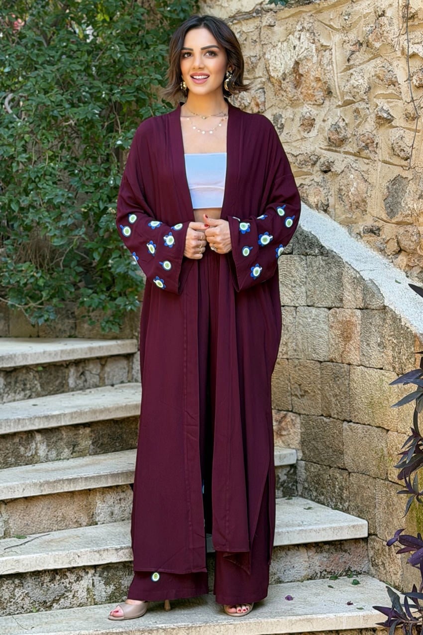 Bordo Mavi Boncuk Pantolon Kimono İkili Takım