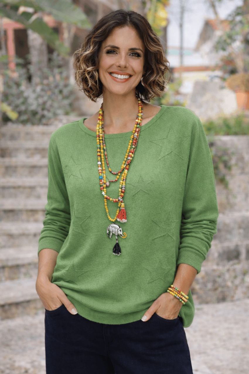 Çagla Yeşili Renk Yıldızlı Merserize Bluz