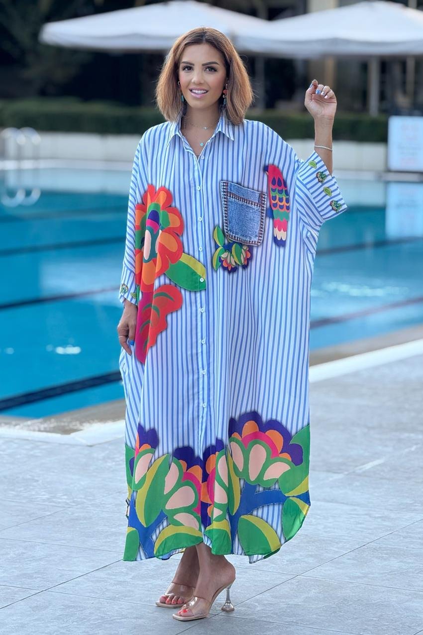 Çizgili Boho Çiçek Desenli Salaş Elbise