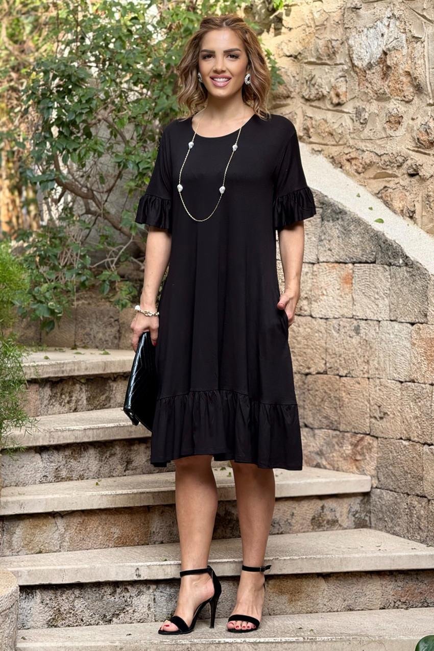 Düz Siyah Etekleri Fırfırlı Yazlık Pamuklu Penye Elbise