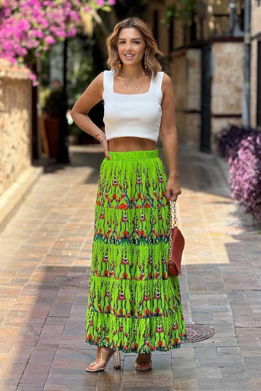 Fıstık Yeşili Bahar Dalı Desenli %100 Pamuk Viskon Etek