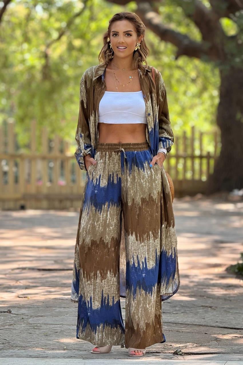 GÖMLEK PANTOLON TAKIM - Kahverengi Dalga Desenli