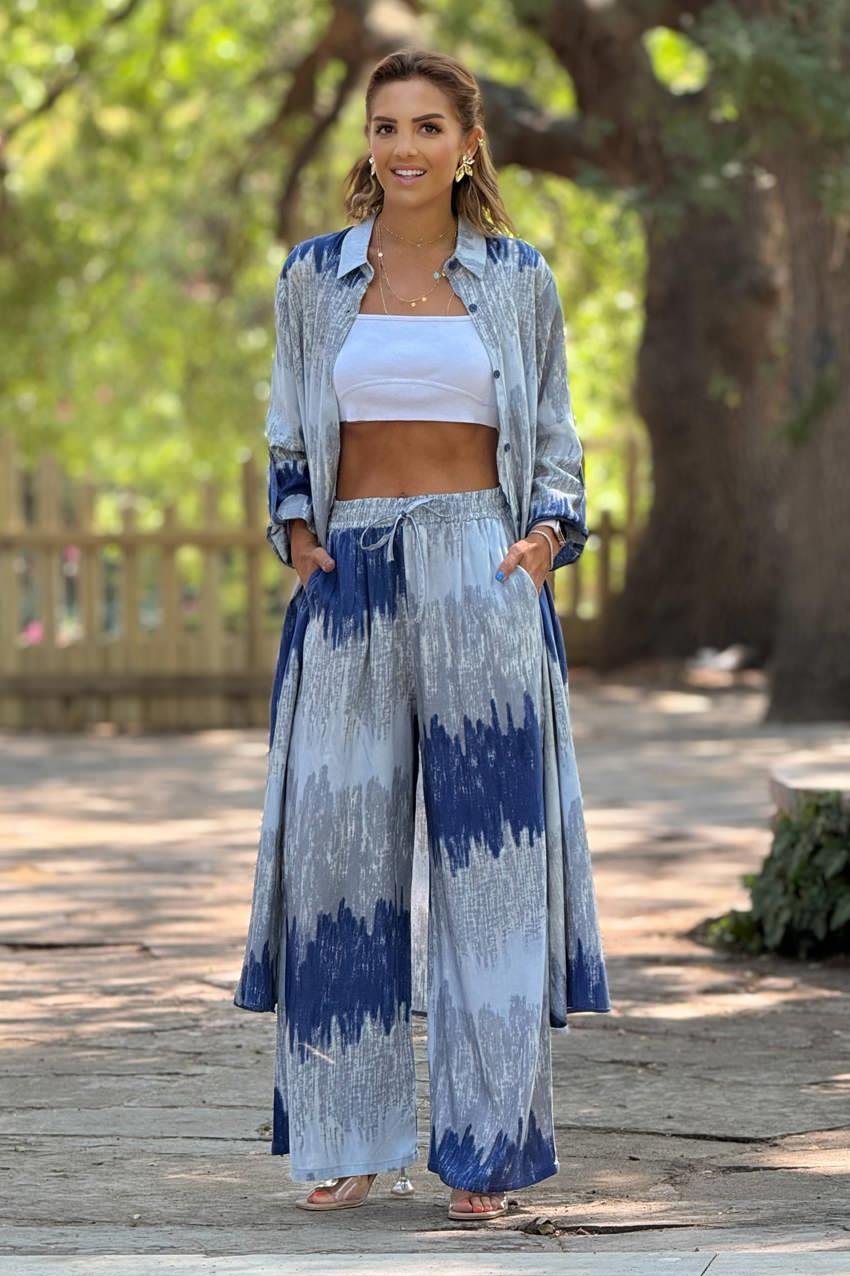 GÖMLEK PANTOLON TAKIM - Mavi Dalga Desenli