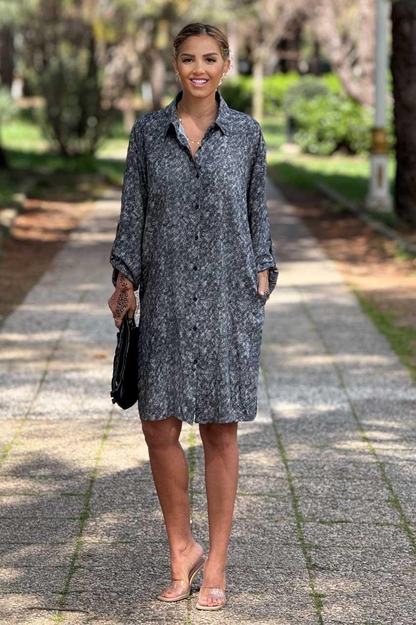 Gri Renk %100 Pamuk Midi Boy Gömlek Elbise