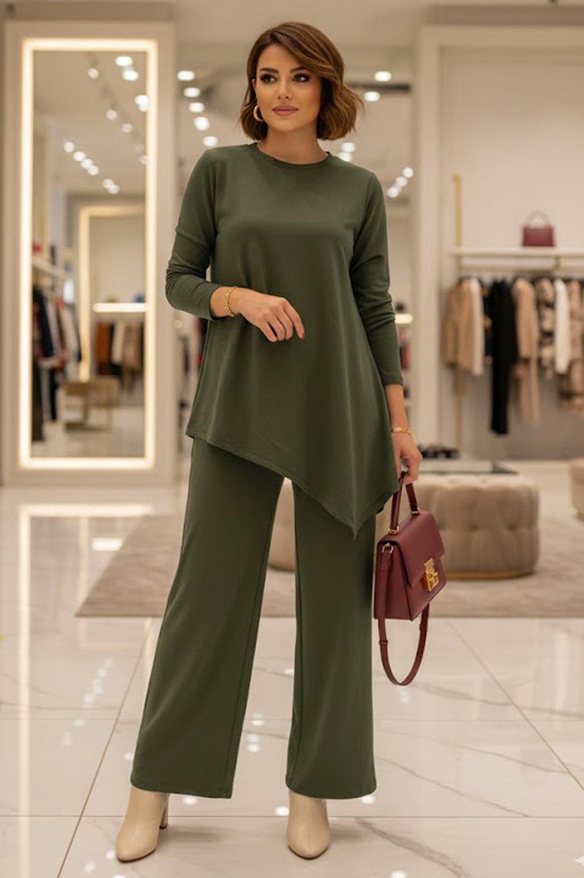 Haki Asimetrik Kesim Modal Kumaş Takım