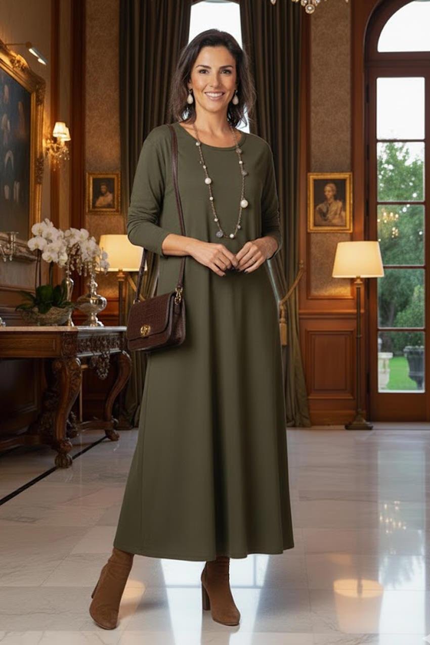 Haki Gizli Cepli İnce Gösteren Tok Penye Elbise