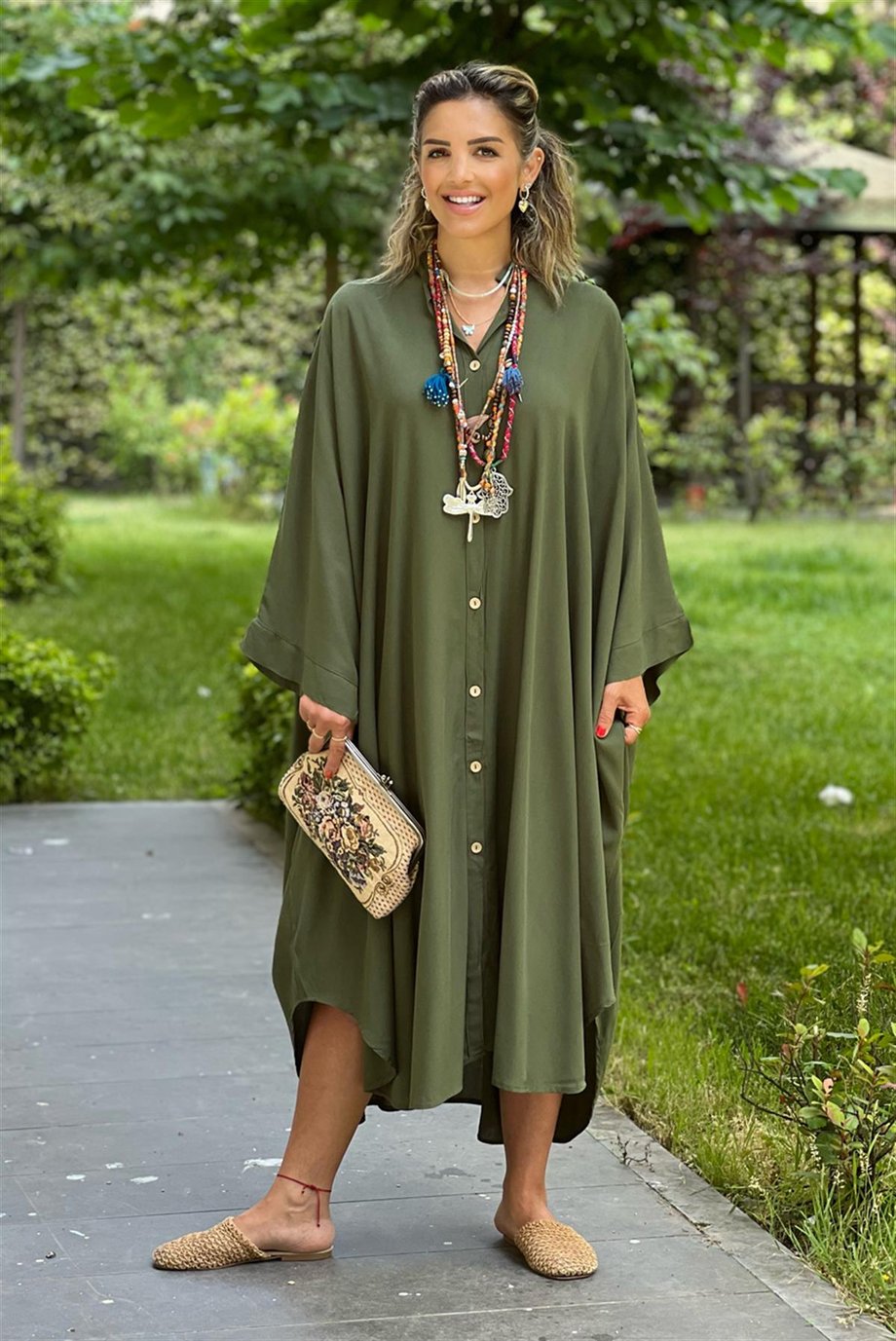 Haki Renk Büyük Beden Salaş Gömlek Elbise