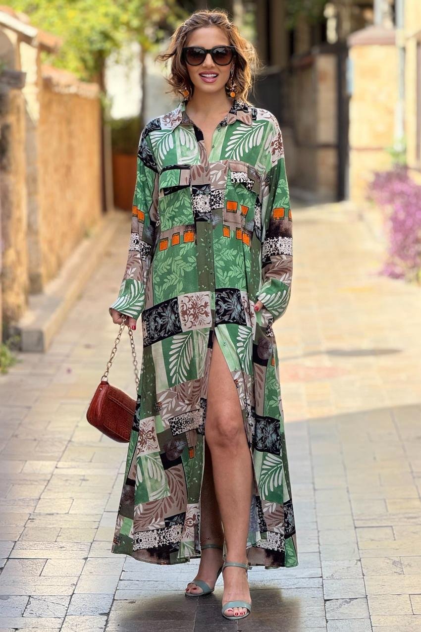 Haki Renk Dama Desenli %100 Pamuk Viskon Gömlek Elbise