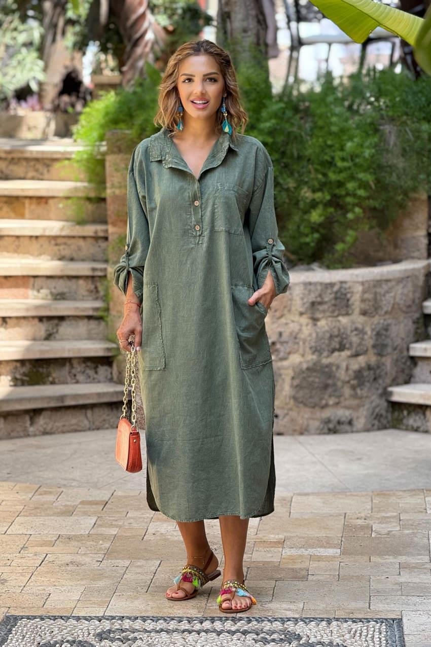 Haki Yarım Parça Boya %100 Saf Pamuk Elbise