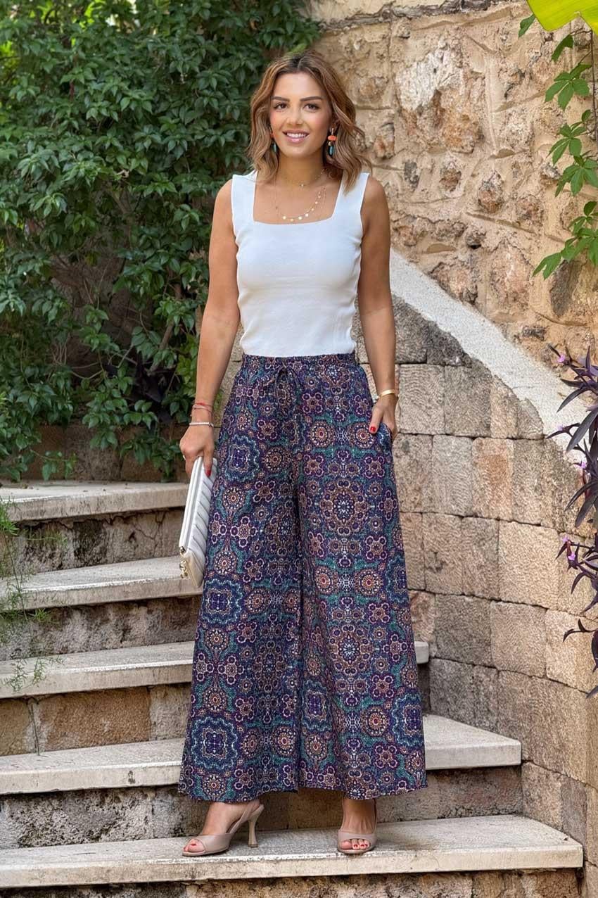 İTALYAN Lacivert Çini Desenli %100 Pamuk Viskon Pantolon