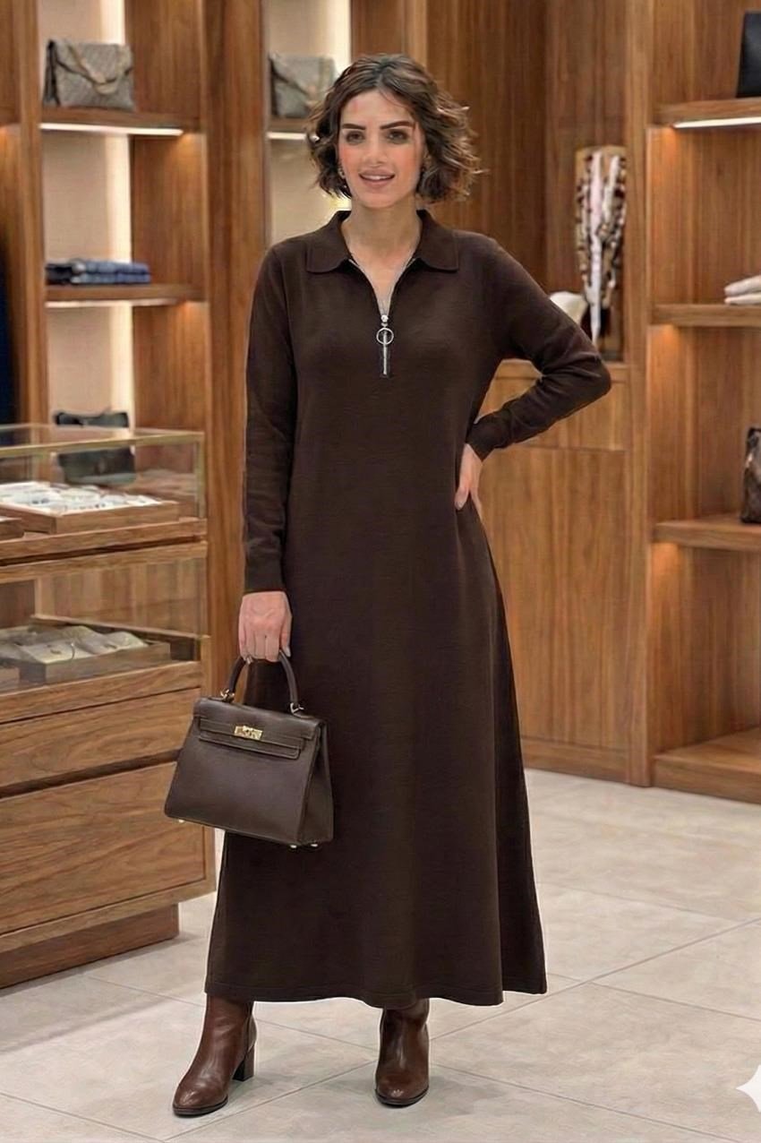 Kahverengi Elegance Modal Kumaş Fermuar Detaylı Elbise
