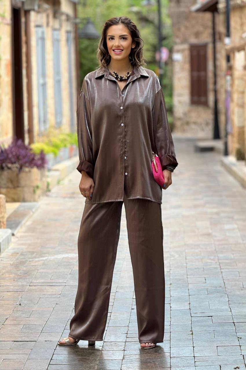 Kahverengi Mono Viskon Pantolon Tunik İkili Takım