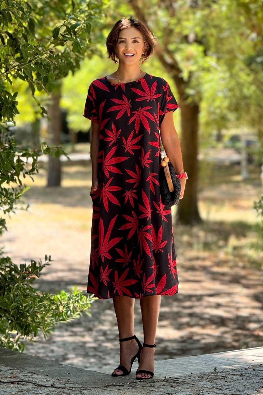 Kırmızı Jamaika Yaprak Desenli Elbise