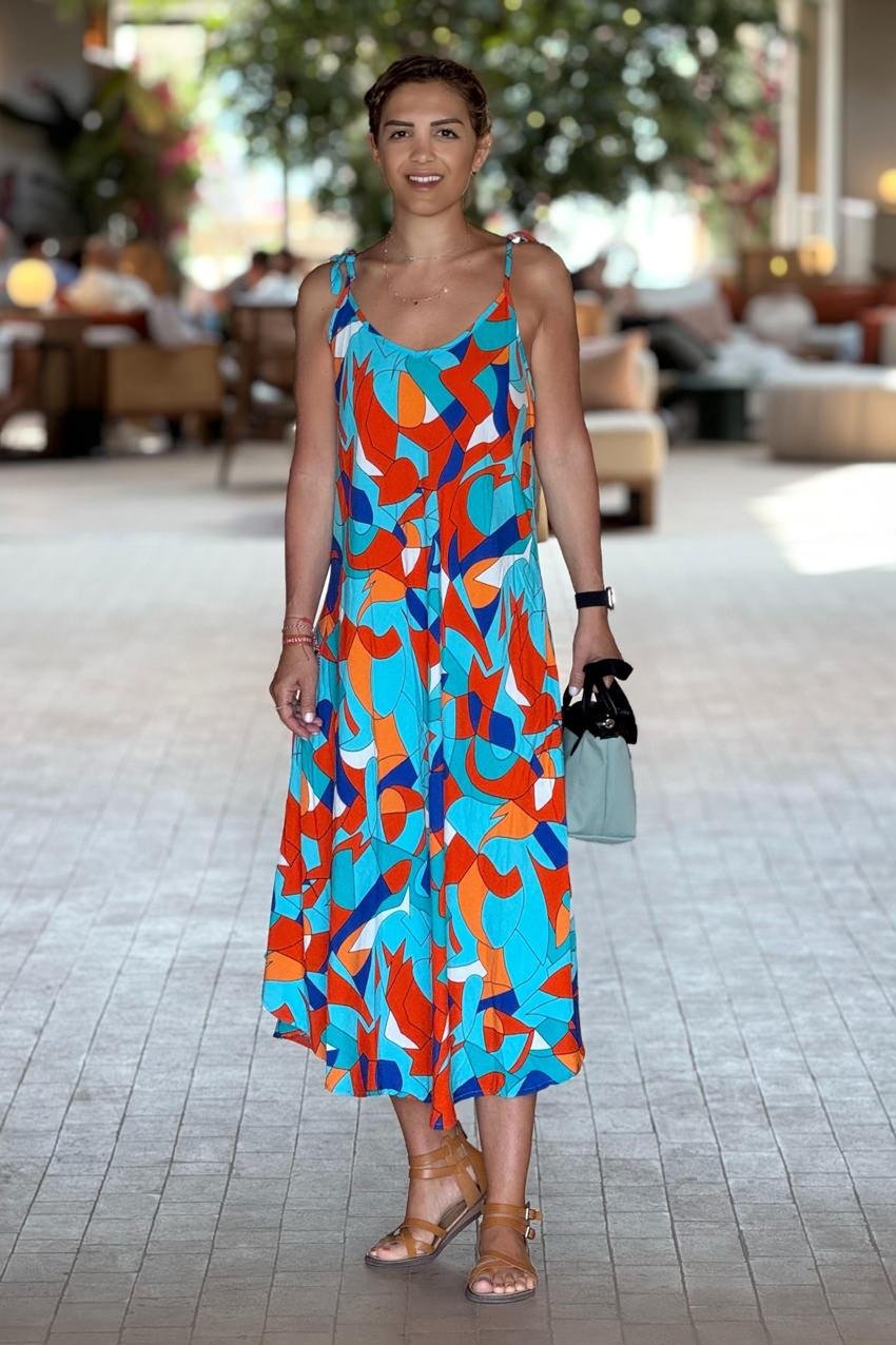 Kleopatra Desenli Omuzları Bağlamalı Yazlık Askılı Elbise