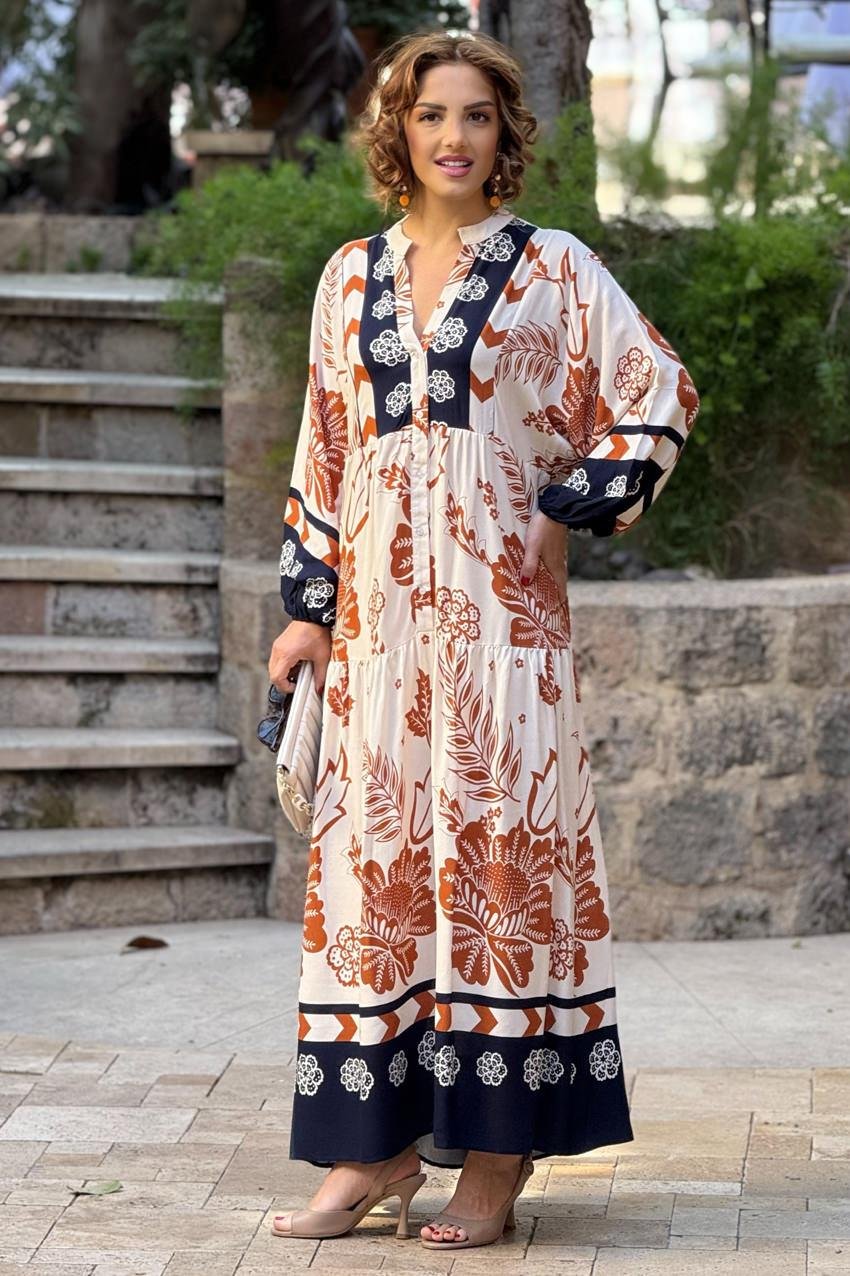 Krem Lacivert Bakır Çiçekli %100 Pamuk Viskon Elbise