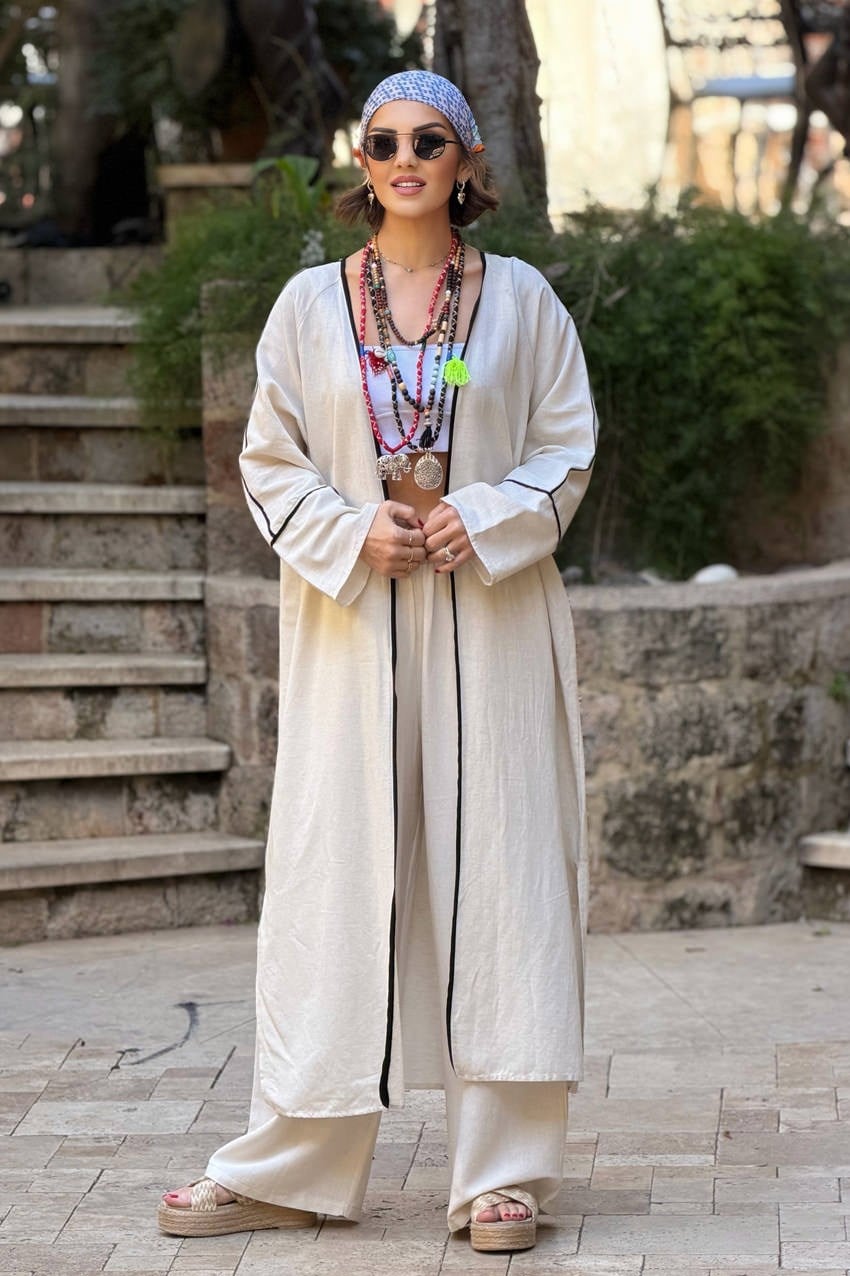 Krem Renk Siyah Bordürlü Keten Kimono Pantolon Takım