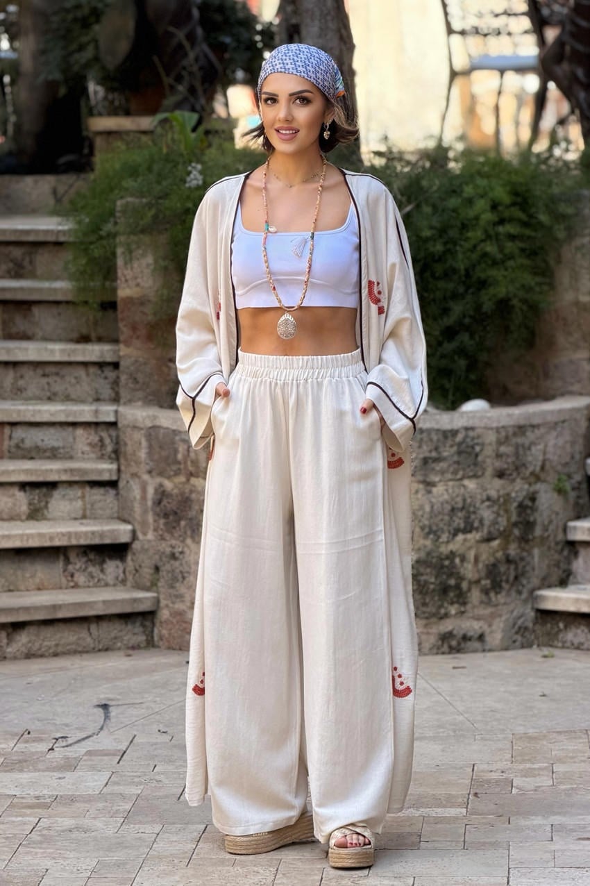 Krem Renk Turuncu Nakışlı Keten Kimono Pantolon Takım
