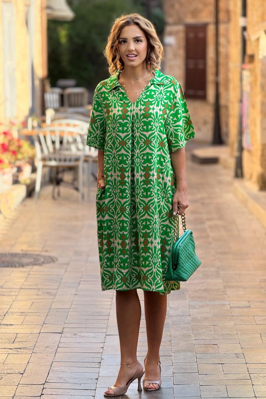 Krem Yeşil Kar Tanesi Desenli Gömlek Yaka %100 Pamuk Viskon Elbise