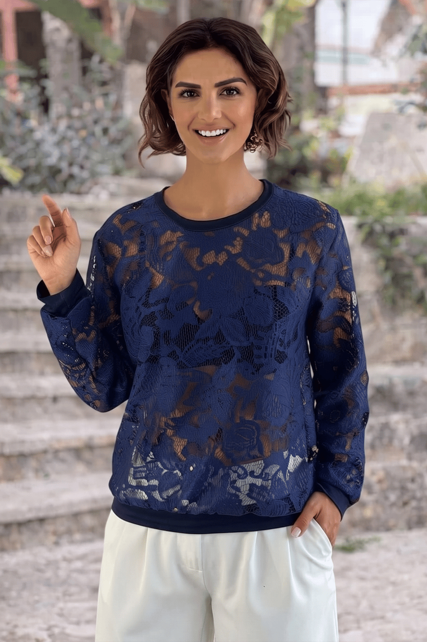 Lacivert Güpürlü Tasarım Sweatshirt