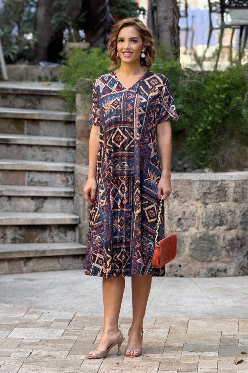 Lacivert Kilim Desenli Pamuklu Elbise