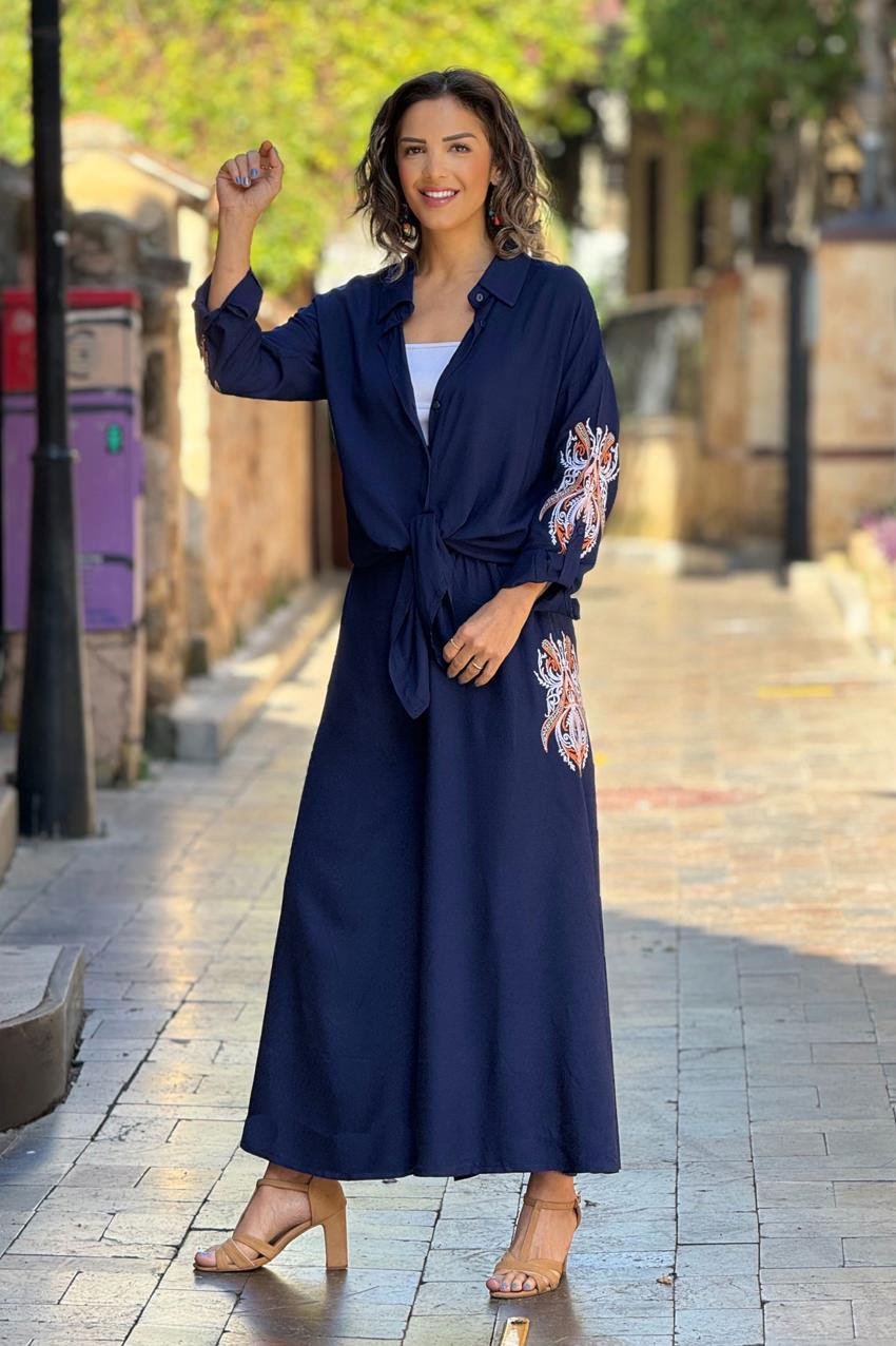 Lacivert Mistik Nakışlı %100 Pamuk Takım