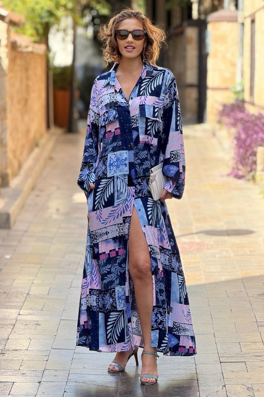 Lacivert Renk Dama Desenli %100 Pamuk Viskon Gömlek Elbise
