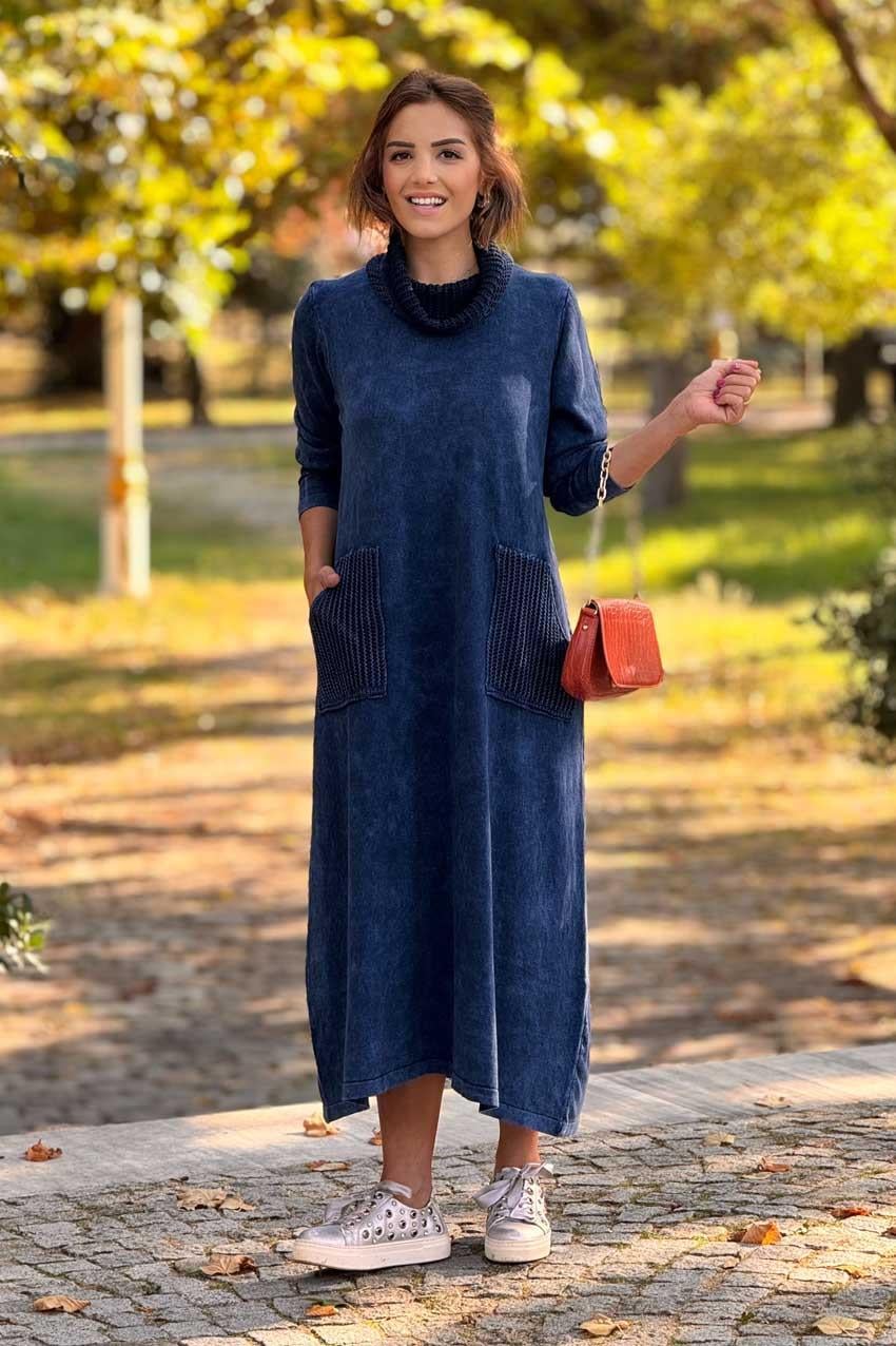 Lacivert Renk Degaje Yaka %100 Pamuk Triko Elbise