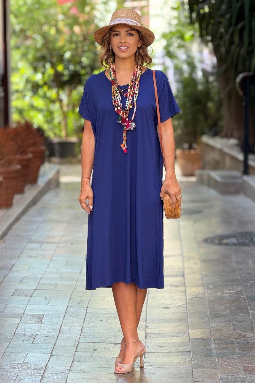Lacivert V Yaka Basic Pamuklu Penye Elbise