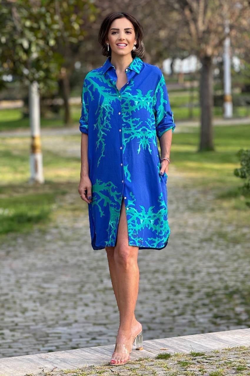 Mavi OKYANUS Desenli Midi Boy %100 Pamuk Gömlek Elbise