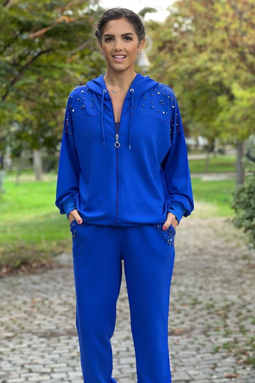 MAVİ Renk Omuz ve Cebi Taş Detaylı Eşofman Takım