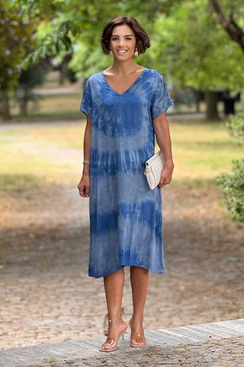 Mavi Turkuaz %100 Pamuk Yazlık V Yaka Batik Elbise
