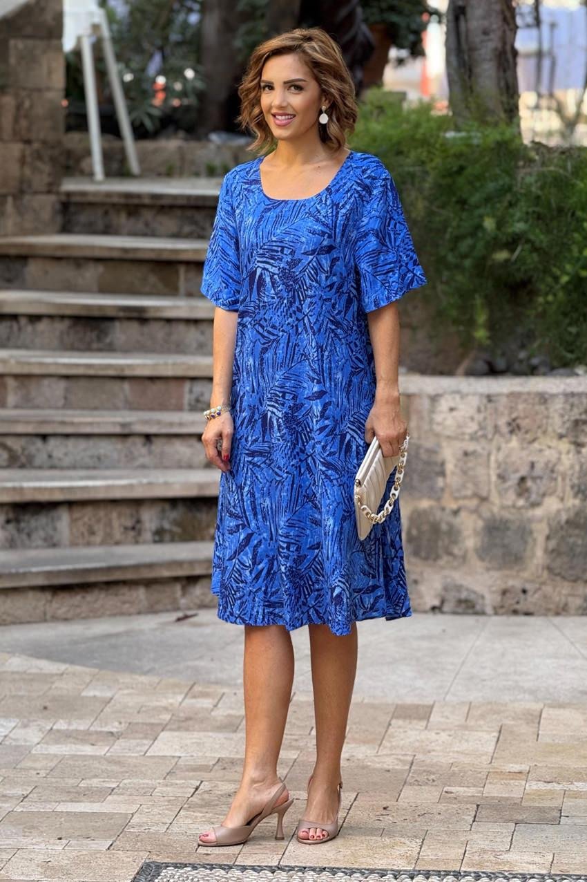Mavi Yaprak Kayık Yaka %100 Pamuk Viskon Elbise