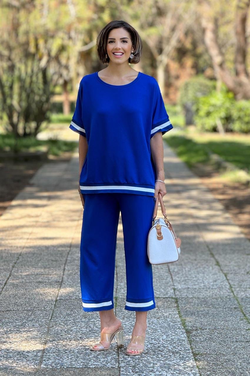 MaviRenk Ribanalı Pamuklu Pantolon Bluz İkili Takım