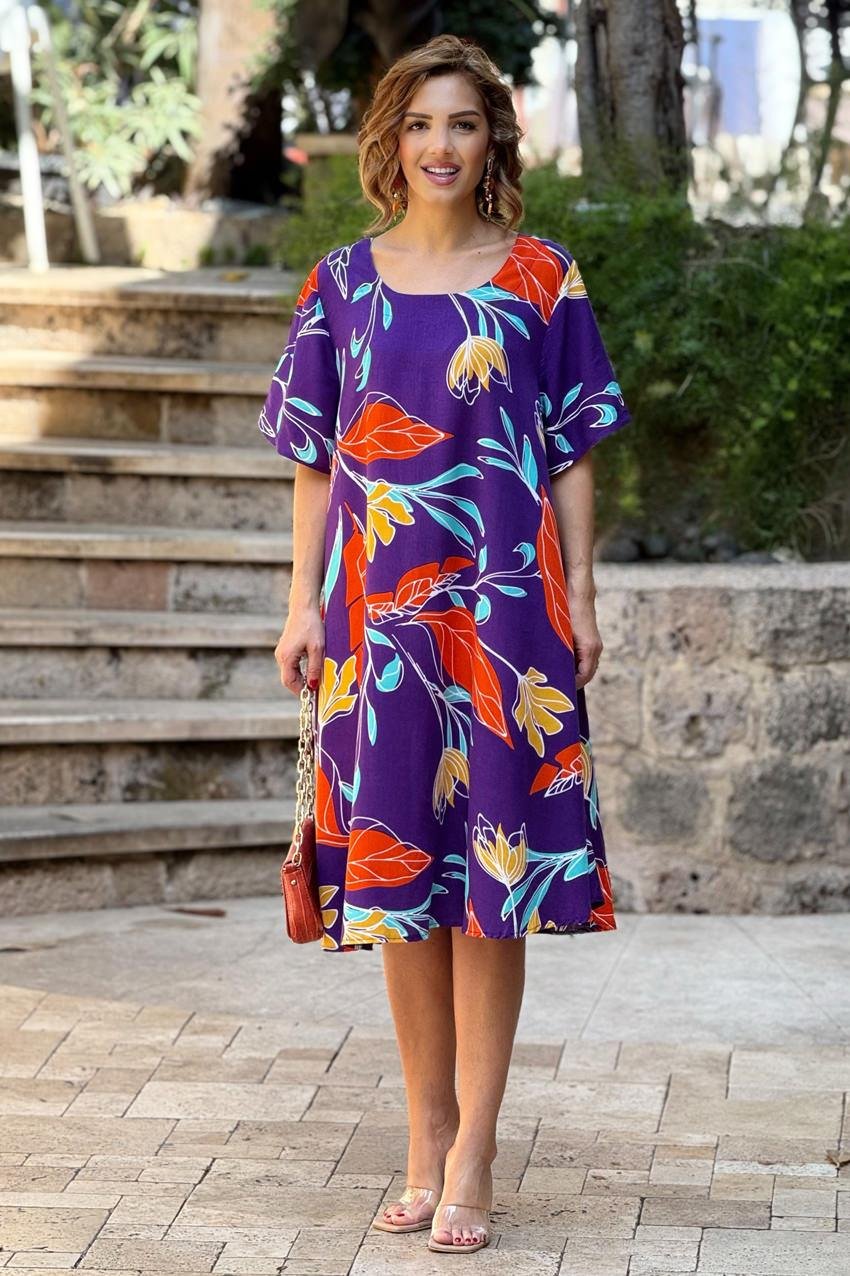 Mor Botanik Kayık Yaka %100 Pamuk Viskon Elbise