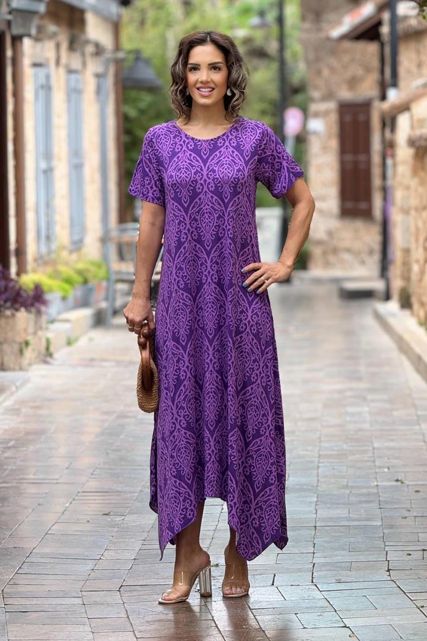 Mor Çini Desenli Verev Kesim Elbise