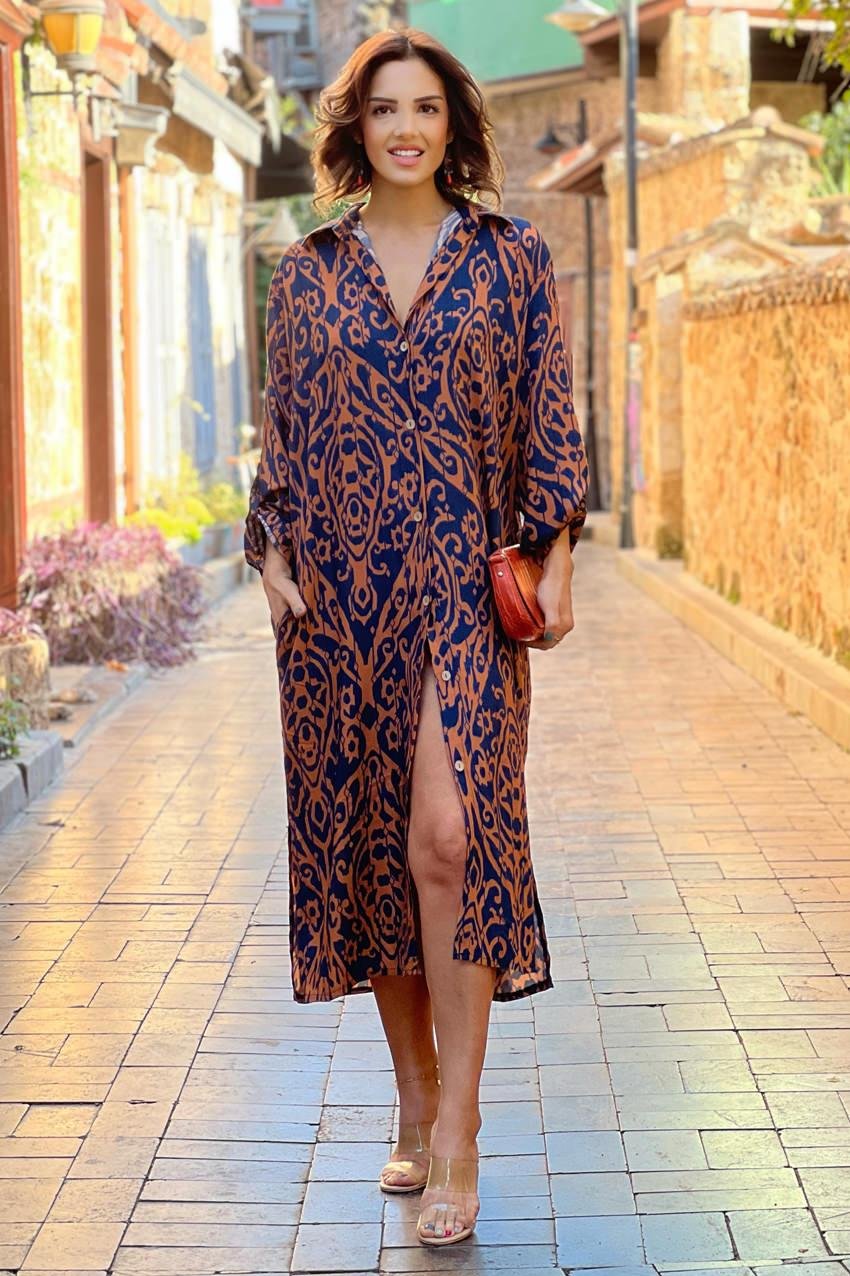 Mor Etnik Desenli Gömlek Elbise