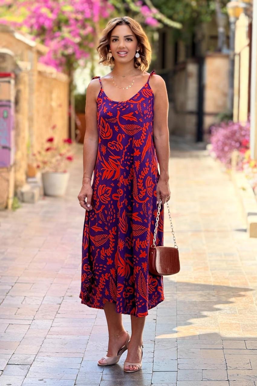 Mor Hitit Desenli Omuzları Bağlamalı Askılı Elbise