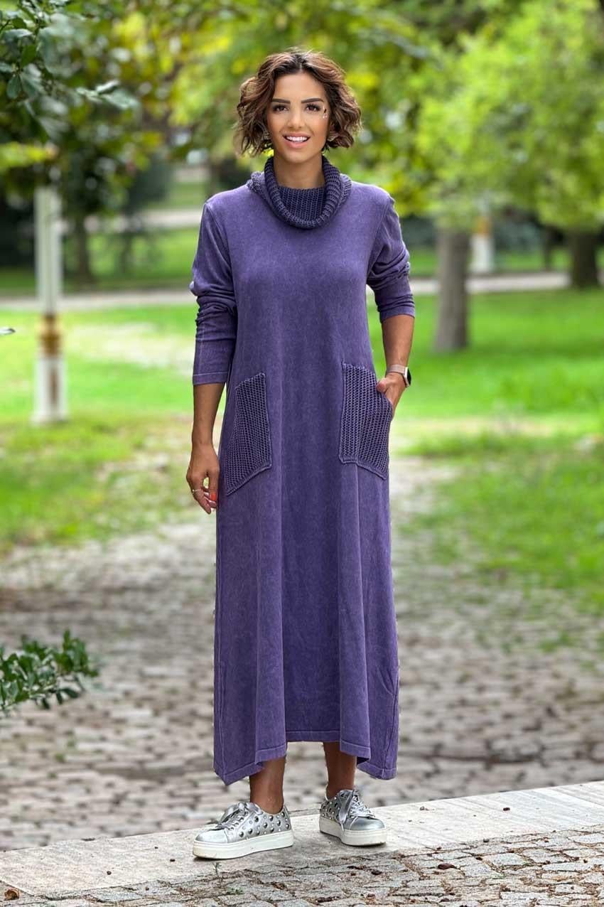 Mor Renk Degaje Yaka %100 Pamuk Triko Elbise