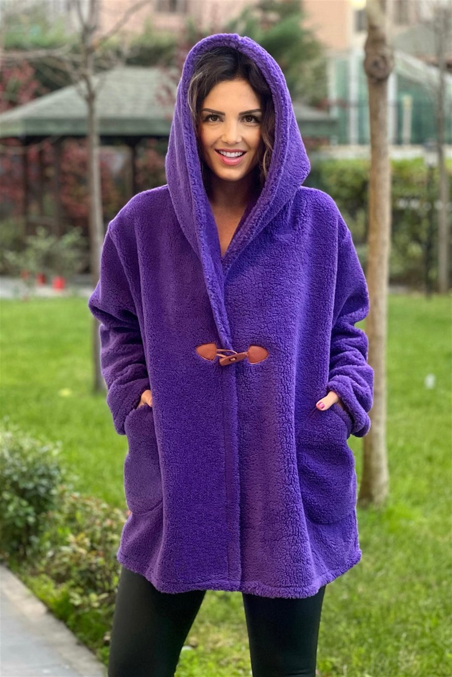 Mor Renk Kapşonlu Teddy Kaban