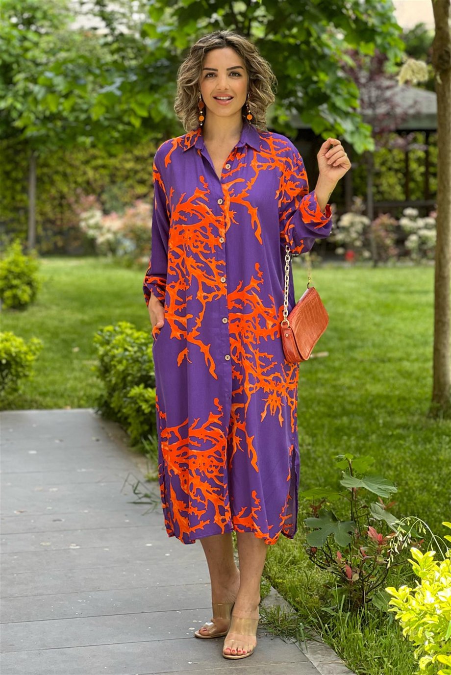 Mor Turuncu Renk Resif Desenli Viskon Elbise