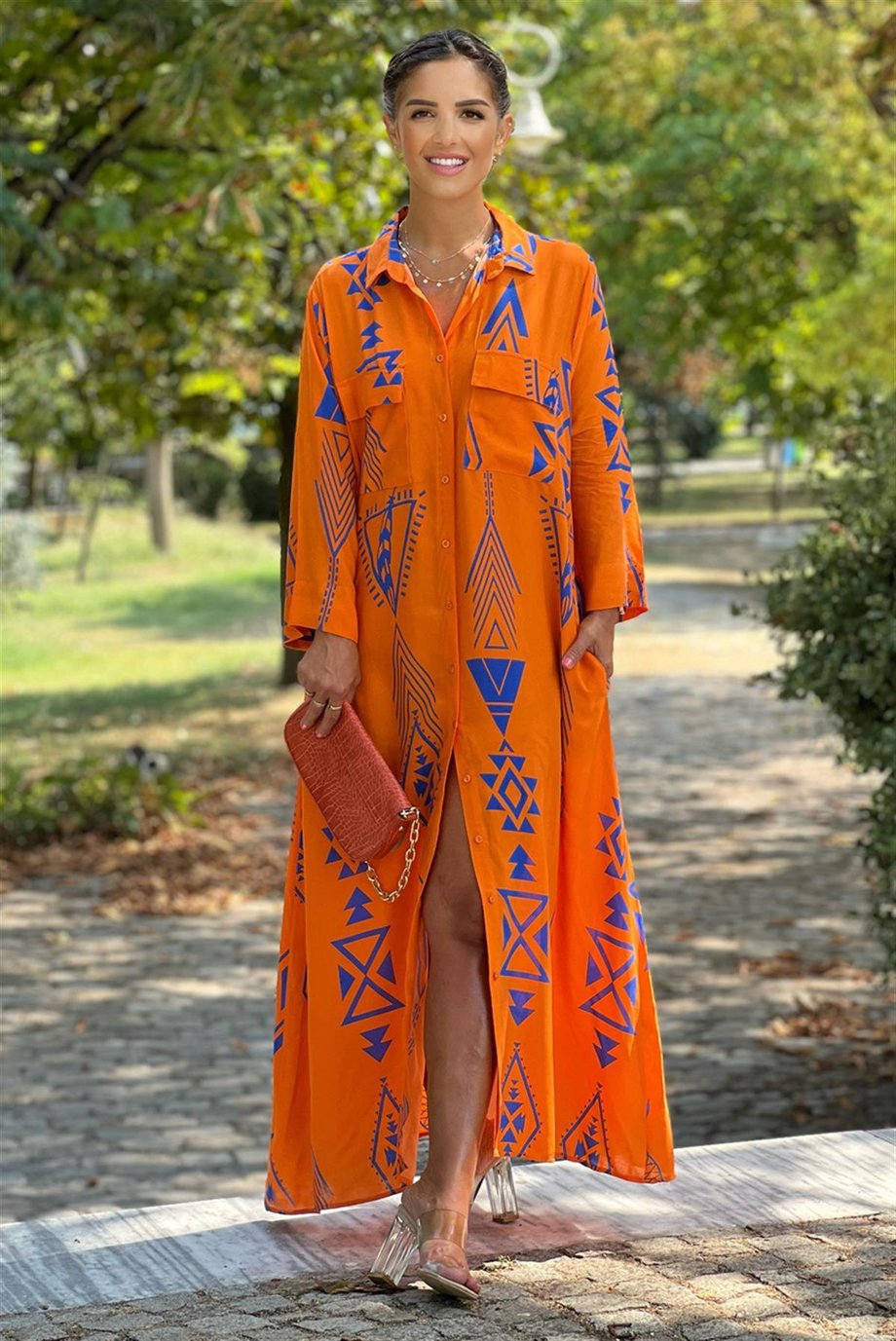 Oranj Etnik Desenli Gömlek Elbise