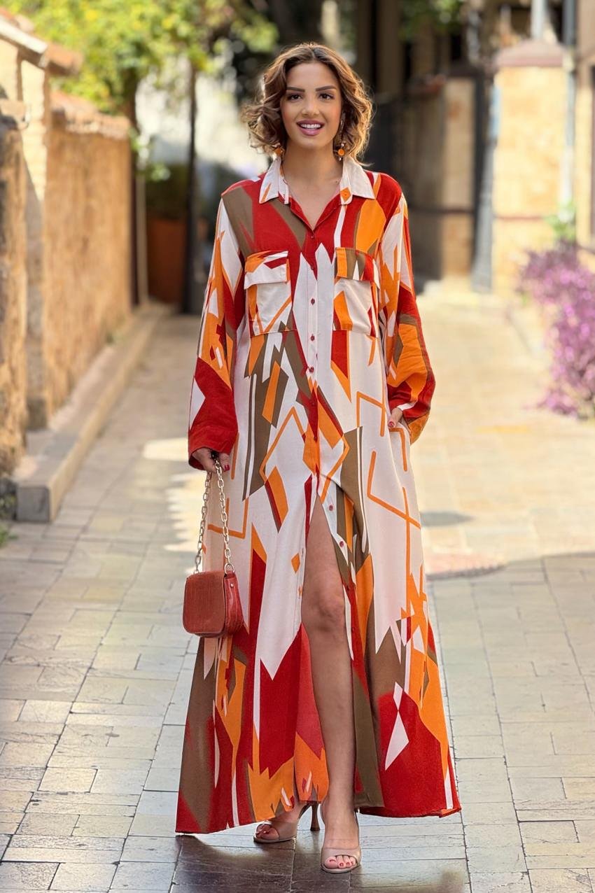Oranj Geometrik Desenli %100 Pamuk Viskon Gömlek Elbise