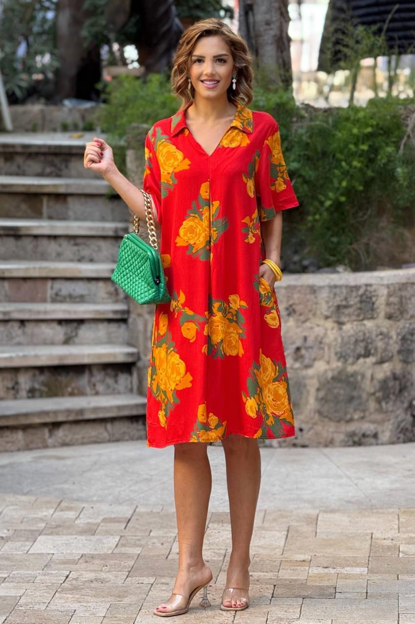 Oranj Gül Desen Gömlek Yaka %100 Pamuk Viskon Elbise