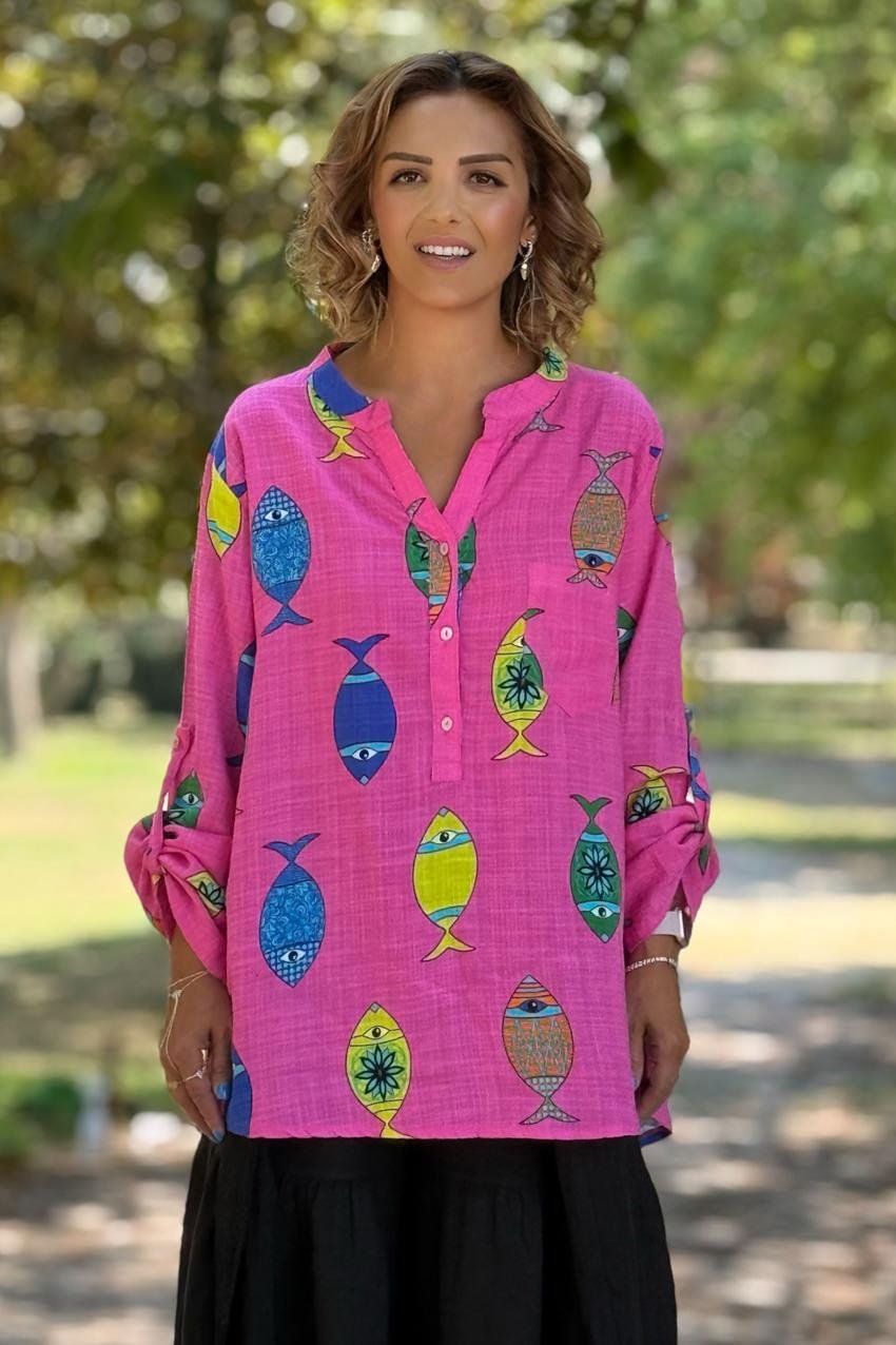 Pembe Balıklı Keten Gömlek