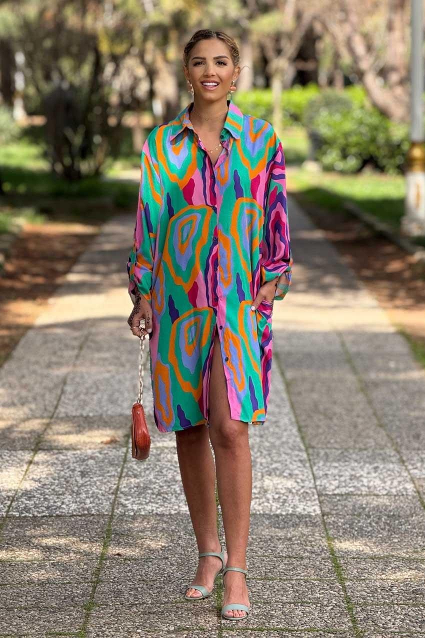 Pembe Mone Desen Midi Boy Gömlek Elbise %100 Pamuk Viskon