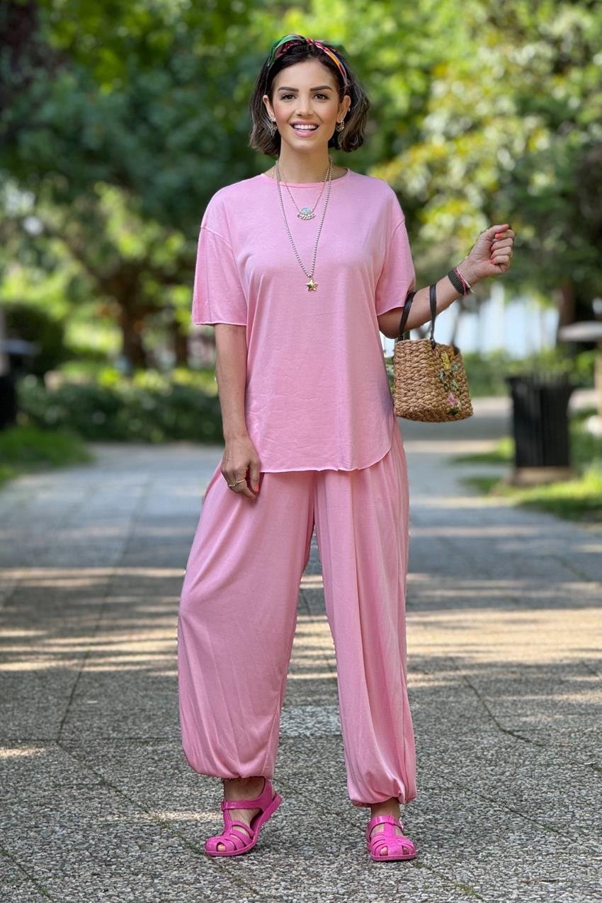 Pembe Organik Pamuk Şalvar Bluz Rahat Takım