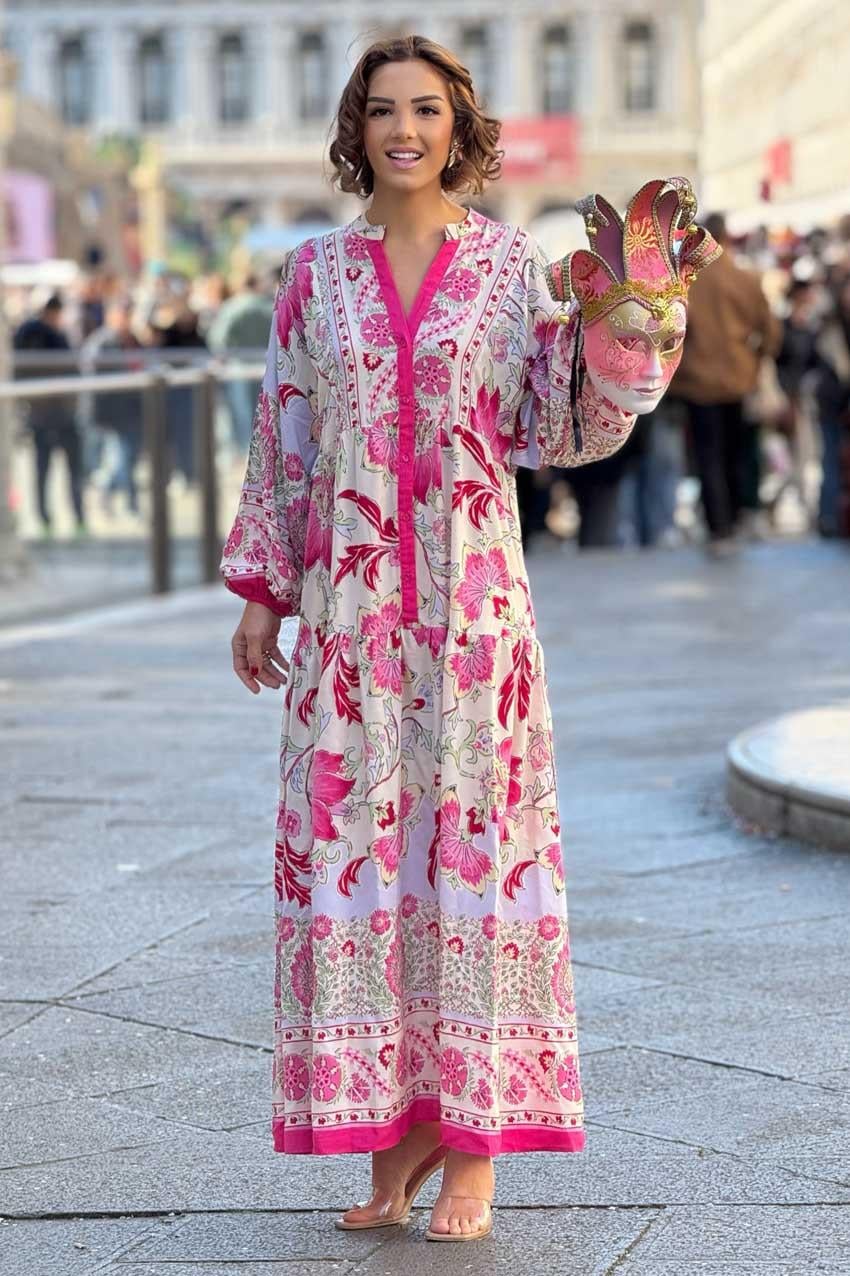 Pembe Renk Portofino Desen Uzun Elbise