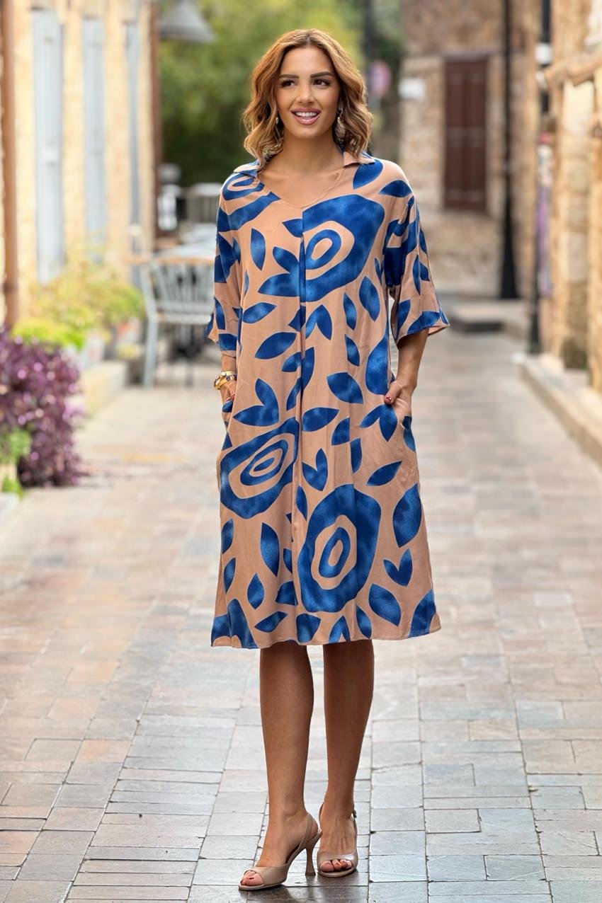 POLO YAKA Krem Hare Desenli Elbise