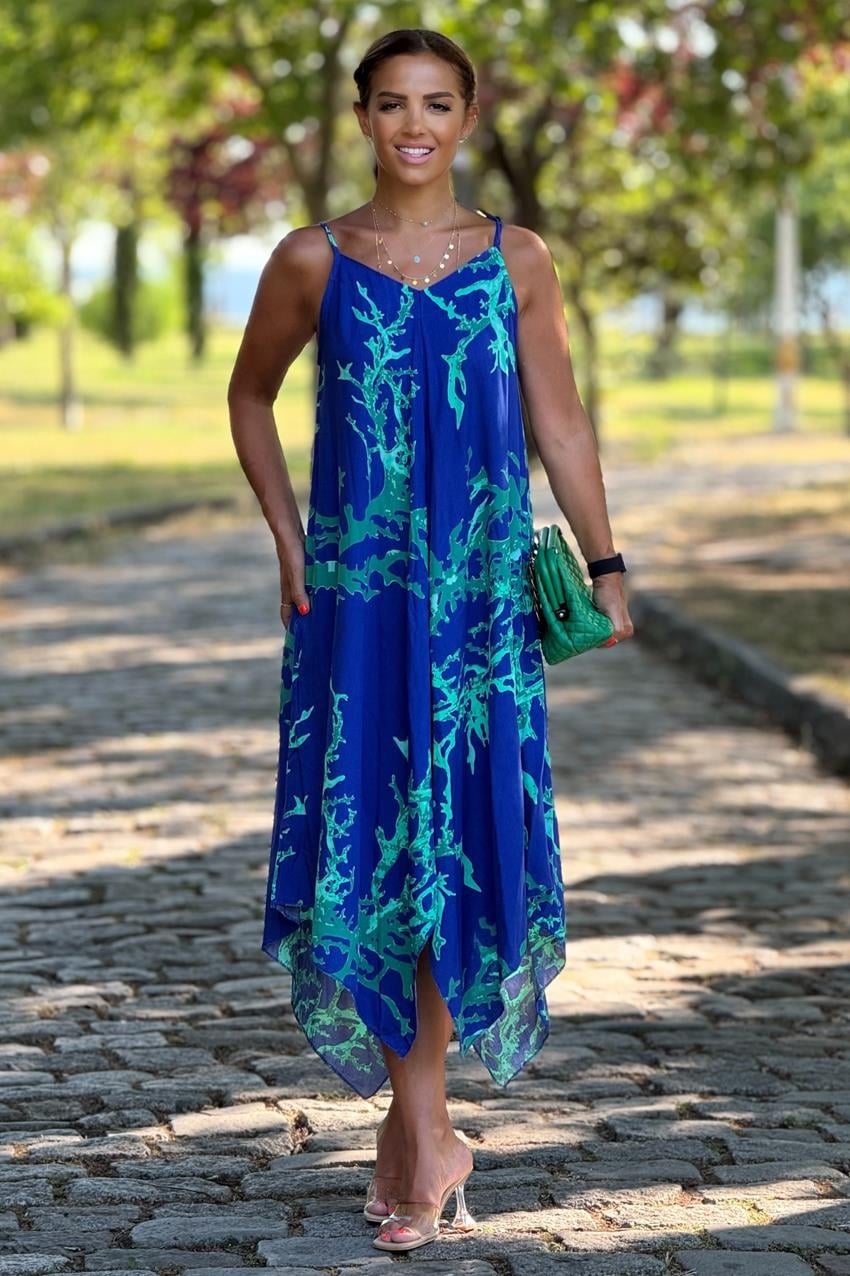 Samos Elbise Mavi Mercan Desen Omuzları Bağlamalı Yazlık Askılı Elbise